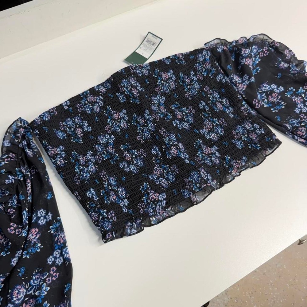 NWT coquette black floral off shoulder top dark romantic ruffle sleeves junior L